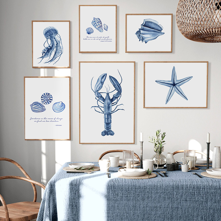 Home Decor Nautical - Watercolor Blue Coastal Sea Creatures Posters