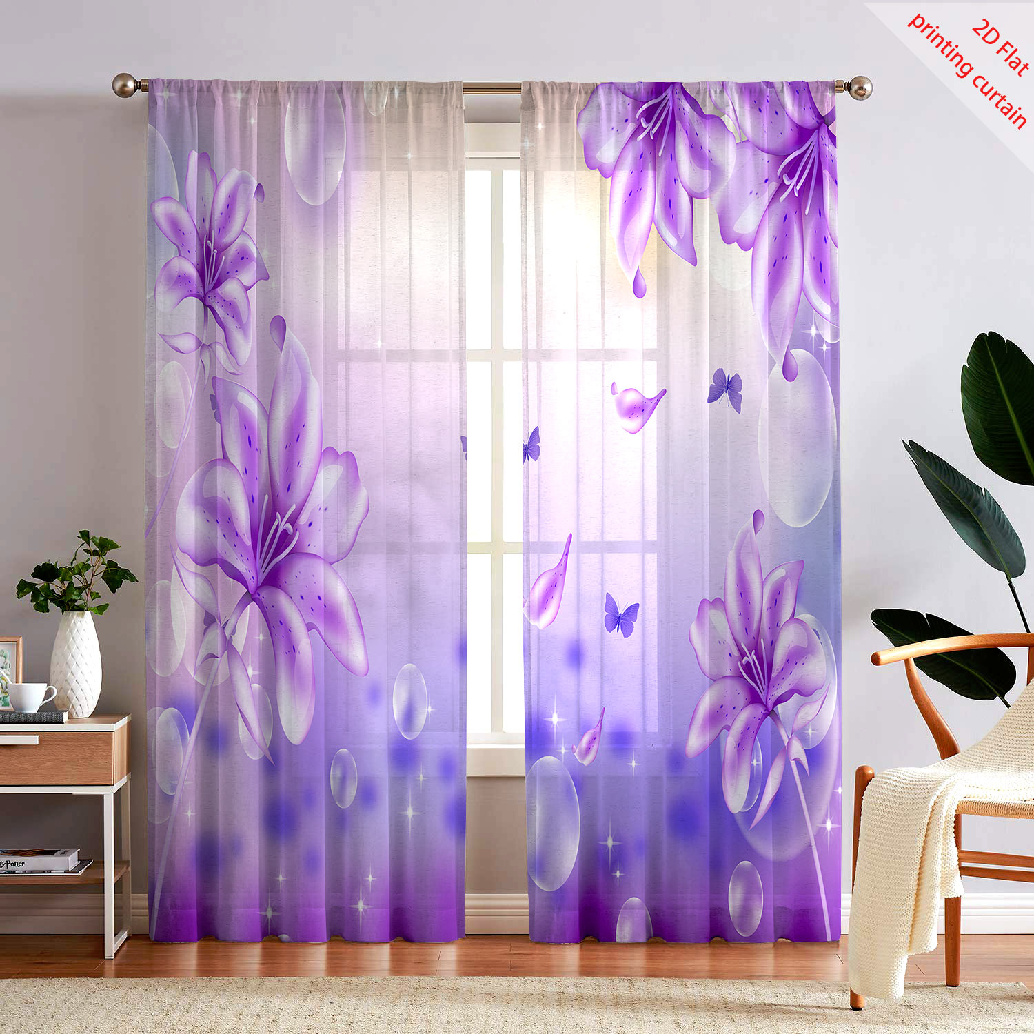 Home Decor Youtube - Purple flower printed transparent gauze curtain,