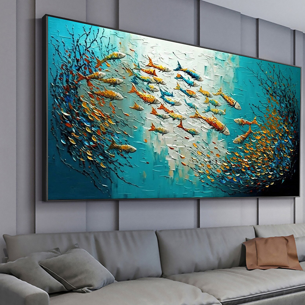 Home Decor Nautical - Abstract Blue Sea Fish Canvas Painting