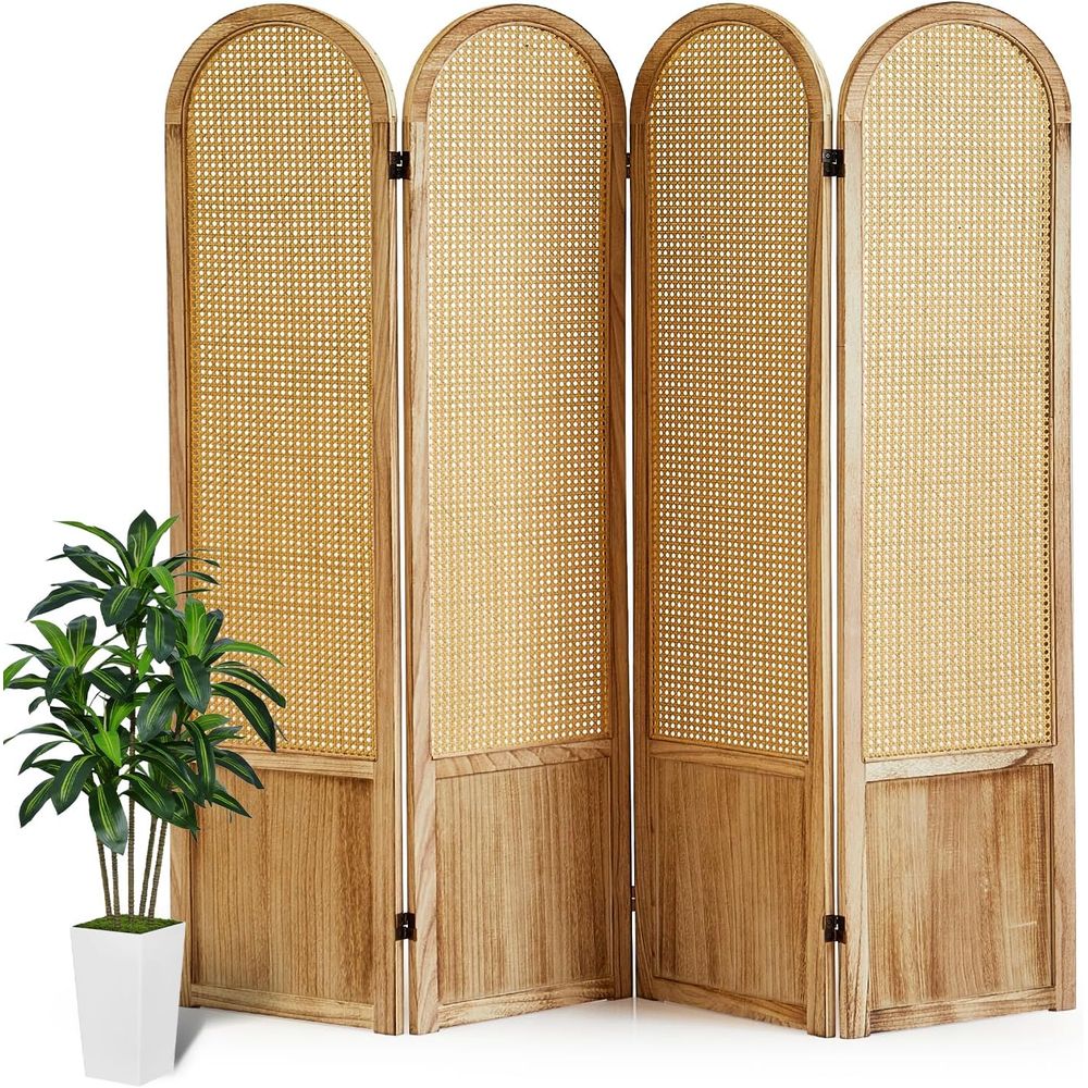 Room Divider Screen - 4-Panel Wooden Privacy Screen, Rattan Style,